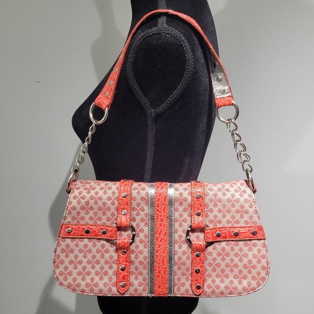 Emilie M Womens Patterned Hand Bag Chain Strap Orange Y2K Studded Maximalism